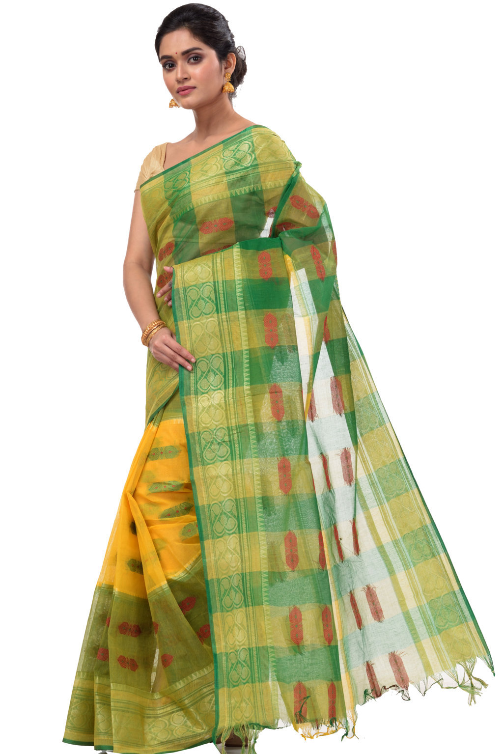 Yellow Green Pure Cotton Raj Nandi Desigine Tant Saree (2832)